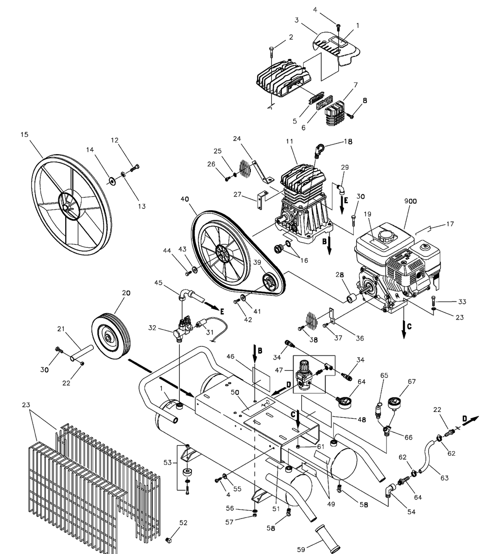 Air Compressor Diagram and Parts List for 074011-0-110CFM  Briggs and Stratton Compressor